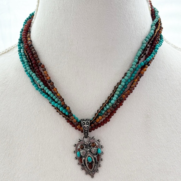Jewelry - Bohemian Beaded Necklace Silver Tone Heart Pendant Coastal Cowgirl Turquoise